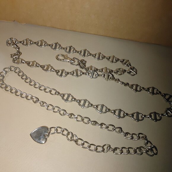 Large Marine Anchor Link Belt Vintage Silver Tone Chain Heart Pendant Hook Clasp - Picture 5 of 6